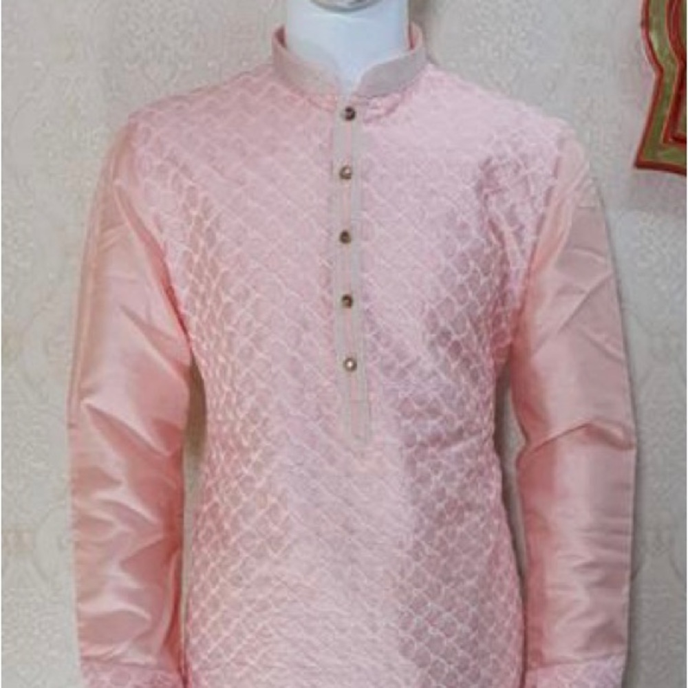 Men's Indian Embroidered light Pink Silk Kurta Set